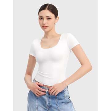 PUMIEY Short Sleeve T Shirts for Women Scoop Neck Top Basic Going Out Crop Tops Summer Slim Fit Tee Shirt Splashed White, X-Small