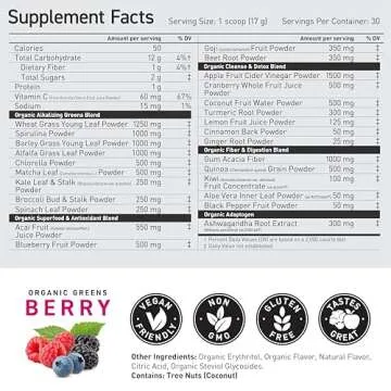 Kaged Organic Greens Superfood Powder | Outlive100 Berry | Supergreens | Apple Cider Vinegar | Ashwagandha | 30 Servings