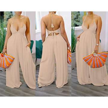 Choichic Jumpsuits for Women Sexy Spaghetti Strap Backless Loose One Piece Wide Leg Jumpsuit Overalls Full Length Long Pants khaki Large