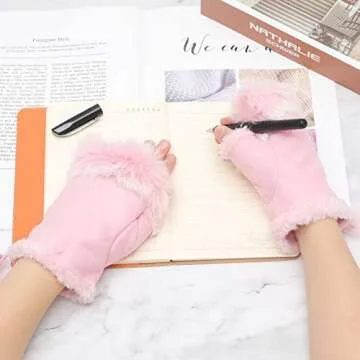 ZLYC Women Teen Classic Winter Warm Rabbit Fur Hands Wrist Fingerless Gloves Mittens (Pink)