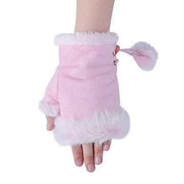 ZLYC Women Teen Classic Winter Warm Rabbit Fur Hands Wrist Fingerless Gloves Mittens (Pink)