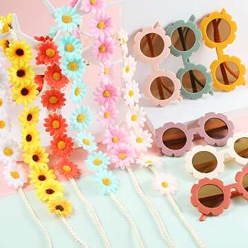 Groovy Retro Flower Sunglasses Headbands Party Favors Daisy Flower Costume Accessories Set 60s 70s Party Gifts for Kids (12 Pcs)