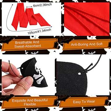 Frienda 6 Pcs Pirate Party Favor Supplies Include 3 Tie Headband Pirate Head Bandana 3 Black Pirate Eye Patches Halloween(Red)