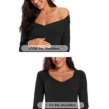 Ecavus Women's Off Shoulder Maternity Dress Slim Cross-Front V Neck Long Sleeve Gowns for Photoshoot