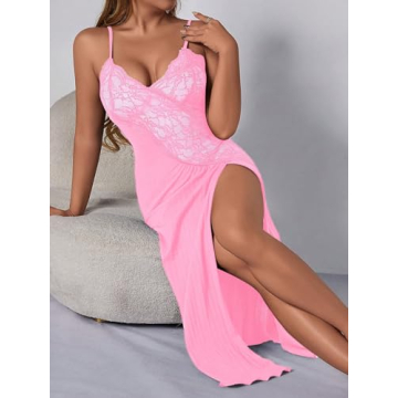 Elegant Floral Lace Nightgown for Women - Hot Pink