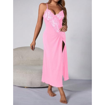 Elegant Floral Lace Nightgown for Women - Hot Pink
