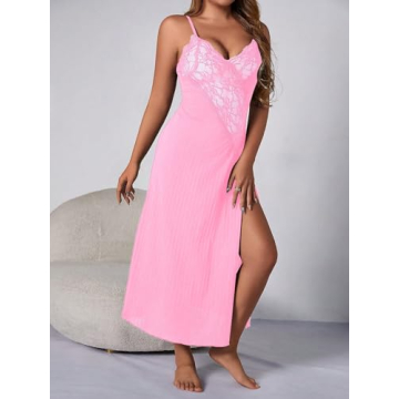 Elegant Floral Lace Nightgown for Women - Hot Pink
