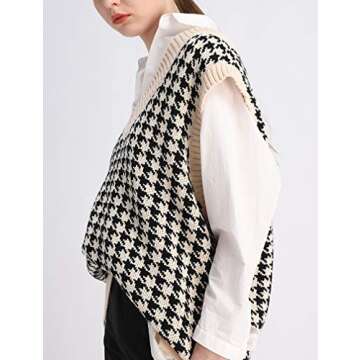 SAFRISIOR Oversized Houndstooth Knitted Vest Sweater Vintage V Neck Loose Sleeveless Sweater
