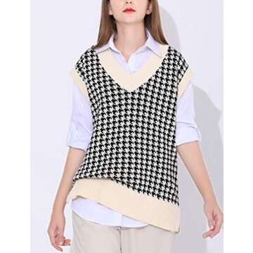 SAFRISIOR Oversized Houndstooth Knitted Vest Sweater Vintage V Neck Loose Sleeveless Sweater