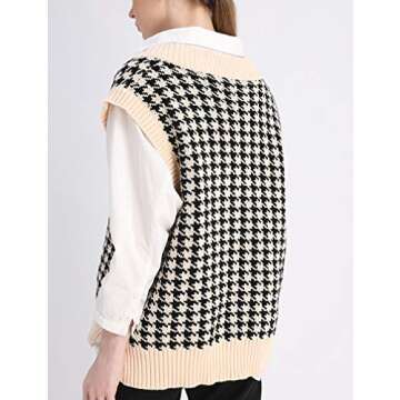 SAFRISIOR Oversized Houndstooth Knitted Vest Sweater Vintage V Neck Loose Sleeveless Sweater