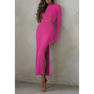 2 Piece Sweater Outfits Set Long Sleeve Crop Top Ribbed Split Bodycon Midi Long Skirt Knit Dresses Rose Red M