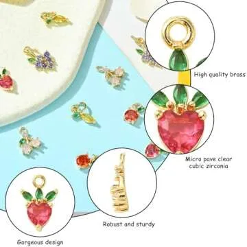 KitBeads 10pcs Cubic Zirconia Fruit Charms Brass 18k Gold Plated Strawberry Lemon Grape Cherry Charm for Jewelry Making Bracelets Necklace Bulk