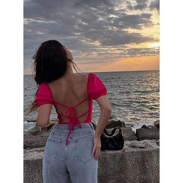 Oten Women Backless Puff Sleeve Bodysuit for Summer