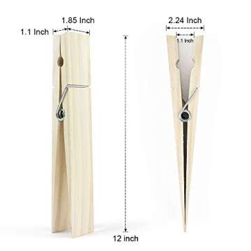 12 Inch, Giant Clothespins, Jumbo Wood Clips for DIY Craft, Bathroom or Laundry Room Decoration, 2 P...
