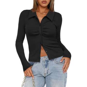 Darong Women's Long Sleeve Button Down Ruched Crop Top Shirts Going Out Tops Slim Fitted Y2K Tops 9035 Black S