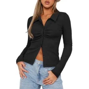 Darong Women's Long Sleeve Button Down Ruched Crop Top Shirts Going Out Tops Slim Fitted Y2K Tops 9035 Black S