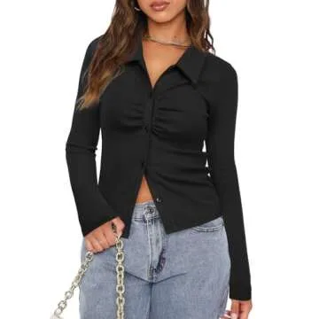 Darong Women's Long Sleeve Button Down Ruched Crop Top Shirts Going Out Tops Slim Fitted Y2K Tops 9035 Black S