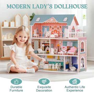 ROBUD Wooden Dollhouse for Kids Girls, Toy Gift for 3 4 5 6 Years Old, with Furniture
