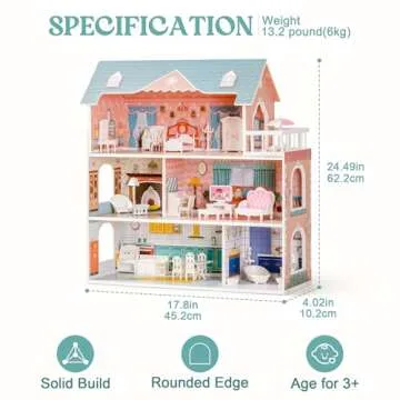 ROBUD Wooden Dollhouse for Kids Girls, Toy Gift for 3 4 5 6 Years Old, with Furniture