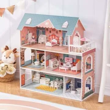 ROBUD Wooden Dollhouse for Kids Girls, Toy Gift for 3 4 5 6 Years Old, with Furniture