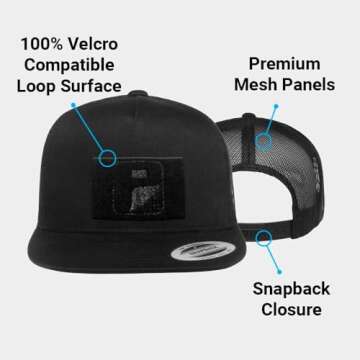 Pull Patch Flat Bill Snapback Trucker Hat | Black Tactical Cap | 2x3 in Loop Surface to Attach Moral...