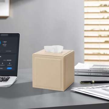 Vlando Tissue Box Holder Cover Leather Button Square Closed Tissue Organizer Used for Bathroom Vanity Tops, Bedroom Dressers, Bedside Tables, Desks and Tables Christmas Decorations Indoor Beige