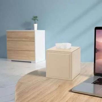 Vlando Tissue Box Holder Cover Leather Button Square Closed Tissue Organizer Used for Bathroom Vanity Tops, Bedroom Dressers, Bedside Tables, Desks and Tables Christmas Decorations Indoor Beige