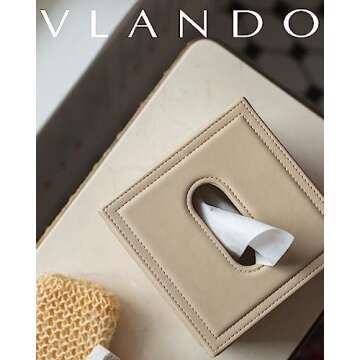Vlando Tissue Box Holder Cover Leather Button Square Closed Tissue Organizer Used for Bathroom Vanity Tops, Bedroom Dressers, Bedside Tables, Desks and Tables Christmas Decorations Indoor Beige