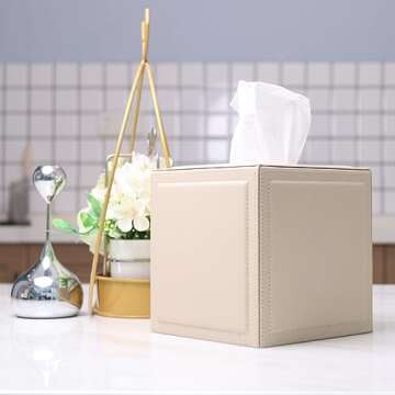 Vlando Tissue Box Holder Cover Leather Button Square Closed Tissue Organizer Used for Bathroom Vanity Tops, Bedroom Dressers, Bedside Tables, Desks and Tables Christmas Decorations Indoor Beige