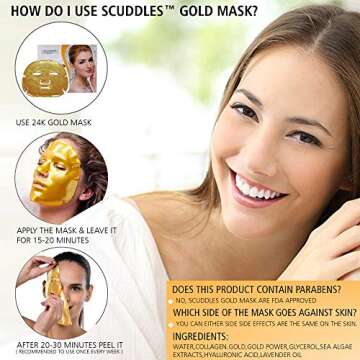 24 Collagen Gold Mask - Majestic Gold Face Sheet 10 Masks- Facial Gold Beauty Mask for Women - Korean Peel Off Moisturizing Mask