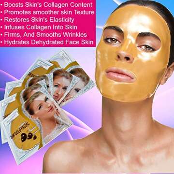 24 Collagen Gold Mask - Majestic Gold Face Sheet 10 Masks- Facial Gold Beauty Mask for Women - Korean Peel Off Moisturizing Mask