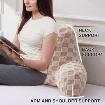 A Nice Night Faux Fur Reading Pillow,Checkered Fluffy Grid Plaid,Bed Wedge Pillow Large Adult Children Backrest with Arms for Bedrest,Beige