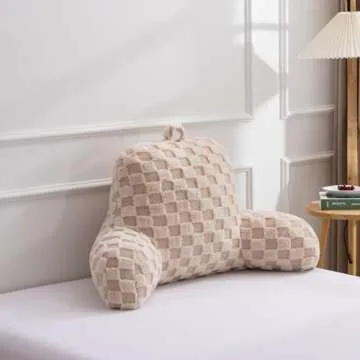 A Nice Night Faux Fur Reading Pillow,Checkered Fluffy Grid Plaid,Bed Wedge Pillow Large Adult Children Backrest with Arms for Bedrest,Beige