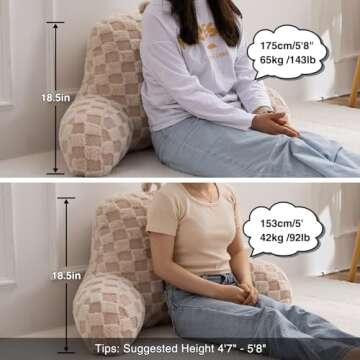 A Nice Night Faux Fur Reading Pillow,Checkered Fluffy Grid Plaid,Bed Wedge Pillow Large Adult Children Backrest with Arms for Bedrest,Beige