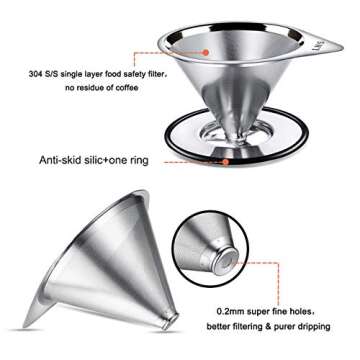 LHS Pour Over Coffee Dripper Stainless Steel Coffee Filter Metal Cone Filter Paperless Reusable Coff...