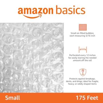 Amazon Basics Perforated Bubble Cushioning Shipping Wrap, Small 3/16", 12-Inch x 175 Foot Long Roll, Clear