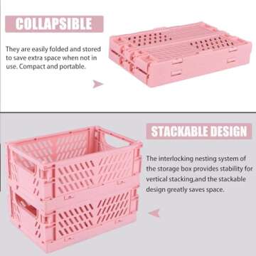 Tixill 2-Pack Mini Foldable Plastic Storage Box Mini Plastic Baskets for Organizing and Storage for Home Kitchen Bedroom Bathroom Office (16x11x6, Pink)