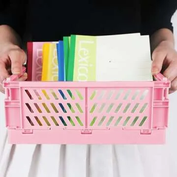 Tixill 2-Pack Mini Foldable Plastic Storage Box Mini Plastic Baskets for Organizing and Storage for Home Kitchen Bedroom Bathroom Office (16x11x6, Pink)