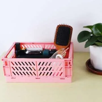 Tixill 2-Pack Mini Foldable Plastic Storage Box Mini Plastic Baskets for Organizing and Storage for Home Kitchen Bedroom Bathroom Office (16x11x6, Pink)