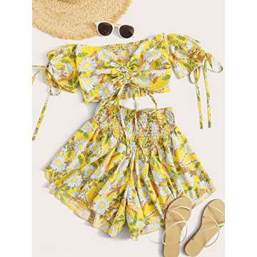 Milumia Women Floral Print Off Shoulder Top and Shorts Set