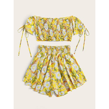 Milumia Women Floral Print Off Shoulder Top and Shorts Set