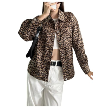 MakeMeChic Women's Leopard Print Denim Jacket Button Down Long Sleeve Oversized Shacket Jackets Oute...