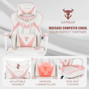 Zeanus Gaming Chair Pink Game Chair for Girls High Back Gaming Chairs for Adults Reclining Computer Chair with Footrest Ergonomic Gamer Computer Chair with Massage Gaming Chair for Women