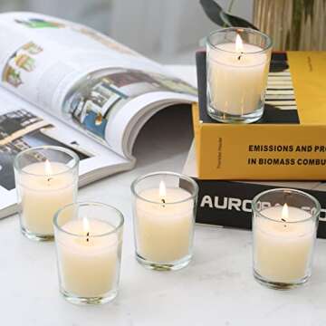 flamecan 24 Pack Clear Glass Filled Ivory Votive Candles. Unscented Votive Candles for Home Décor Spa Weddings Birthdays Holidays Party