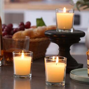 flamecan 24 Pack Clear Glass Filled Ivory Votive Candles. Unscented Votive Candles for Home Décor Spa Weddings Birthdays Holidays Party