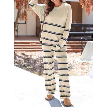 EVALESS 2 Piece Outfits for Women 2024 Fall Winter Trendy Fashion Striped Sweaters Sets Matching Loungewear Set Beige S