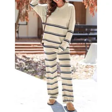 EVALESS 2 Piece Outfits for Women 2024 Fall Winter Trendy Fashion Striped Sweaters Sets Matching Loungewear Set Beige S