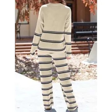 EVALESS 2 Piece Outfits for Women 2024 Fall Winter Trendy Fashion Striped Sweaters Sets Matching Loungewear Set Beige S