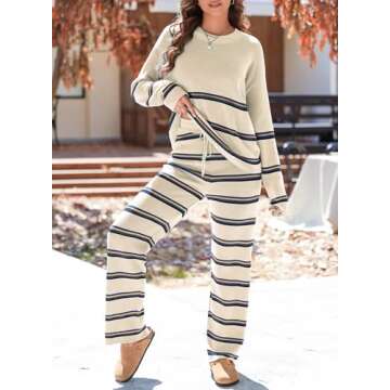 EVALESS 2 Piece Outfits for Women 2024 Fall Winter Trendy Fashion Striped Sweaters Sets Matching Loungewear Set Beige S