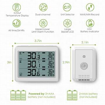 KeeKit Refrigerator Thermometer, Indoor Outdoor Thermometer with 2 Wireless Sensors, Digital Freezer Thermometer with Audible Alarm, Min/Max Record, LCD Display, Backlight for Home, Kitchen